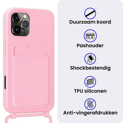 iPhone 16 Pro Hoesje Met Telefoonkoord en Pasjeshouder Siliconen - Lichtroze