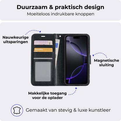 iPhone 16 Pro Max Hoesje Bookcase Cover met Kaarthouder - Zwart
