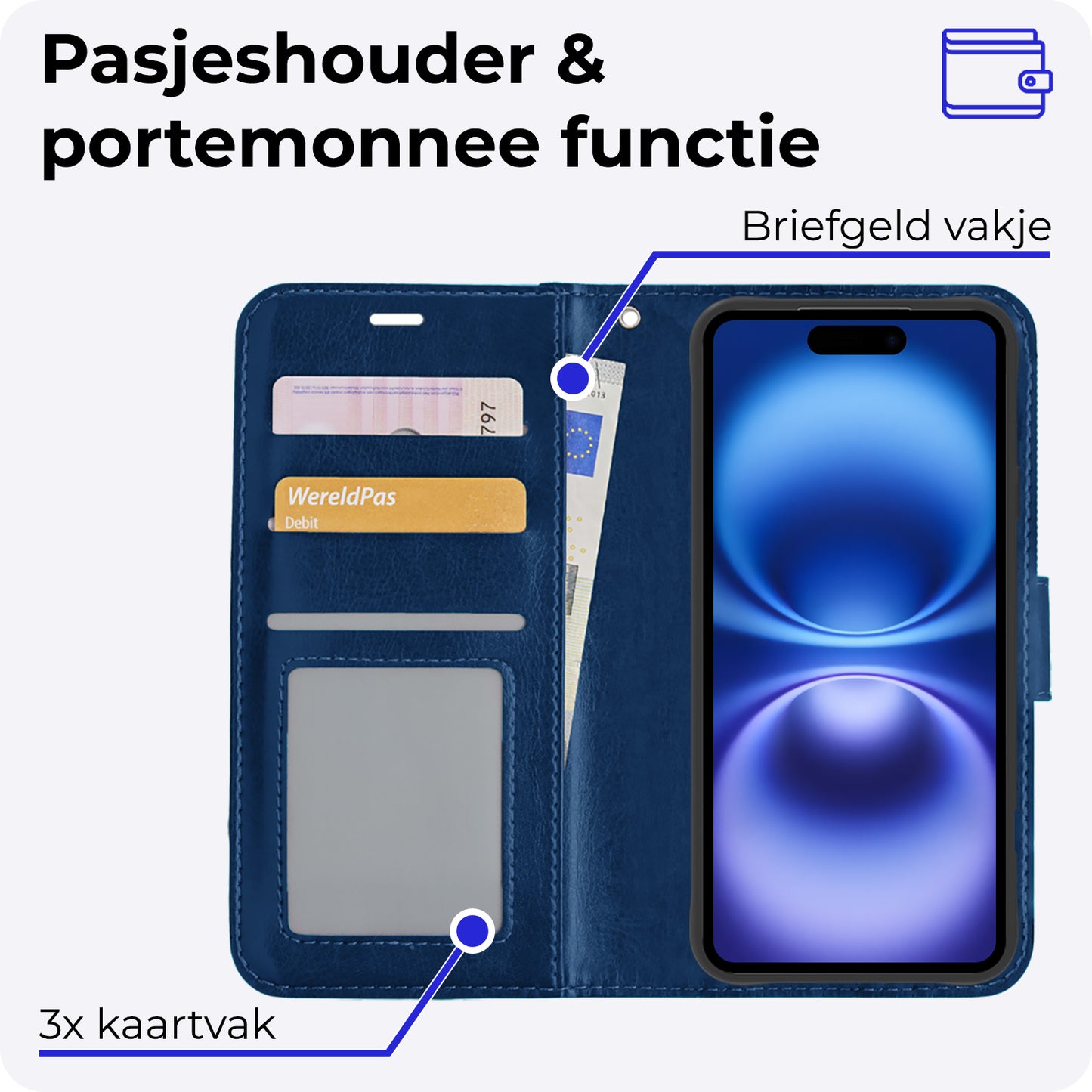 iPhone 16 Hoesje Book Case Kunstleer - Donkerblauw