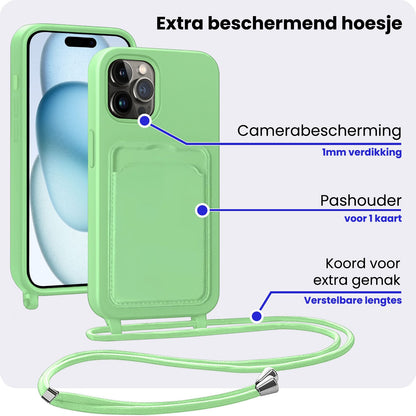 iPhone 15 Pro Hoesje Met Telefoonkoord en Pasjeshouder Siliconen - Groen