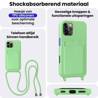 iPhone 16 Pro Hoesje Met Telefoonkoord en Pasjeshouder Siliconen - Groen