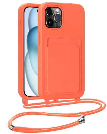 iPhone 14 Pro Max Hoesje Met Telefoonkoord en Pasjeshouder Siliconen - Papaya